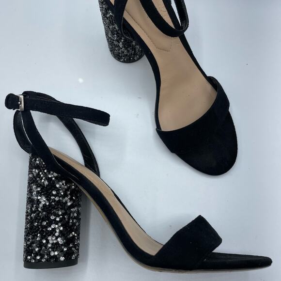 Aldo Black Rhinestone Chunky Heel Peep Toe Shoes Womens 6.5 Glitter Party Glam - Picture 1 of 8